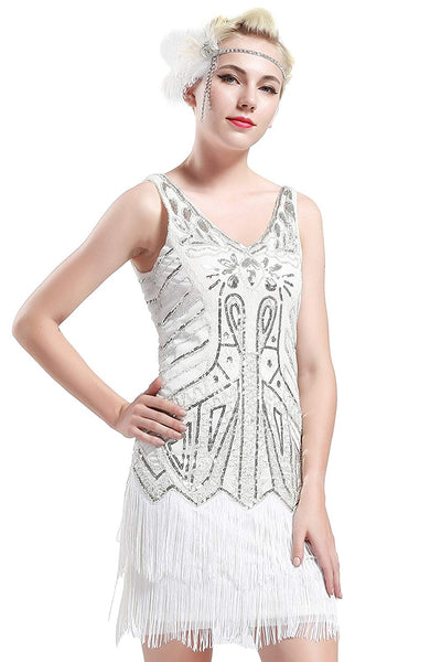US STOCK Vintage Flapper Unique 1920s White Beaded Fringed Great Gatsby wedding Dress
