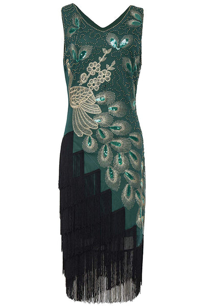 US STOCK Vintage 1920s Vintage Peacock Sequined Dress Gatsby Fringed Flapper Dress Roaring 20s Party Dress