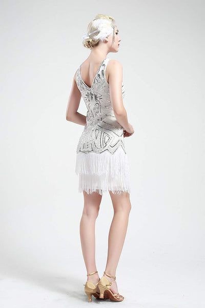 US STOCK Vintage Flapper Unique 1920s White Beaded Fringed Great Gatsby wedding Dress