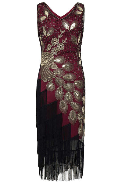 US STOCK Vintage 1920s Wine Unique Peacock Sequined Dress Gatsby Fringed Flapper Dress Roaring 20s Party Dress