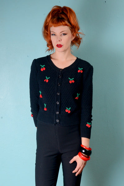 Vintage 1950s inspired waffle weave black cardigan with 3D red cherries