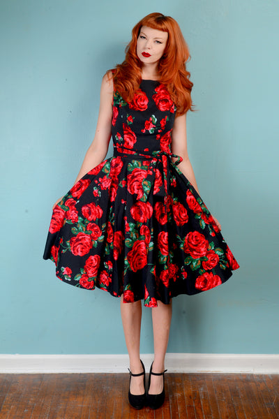 Vintage 1950s inspired red roses on black full circle skirt dress SMALL unique rockabilly swing 50s