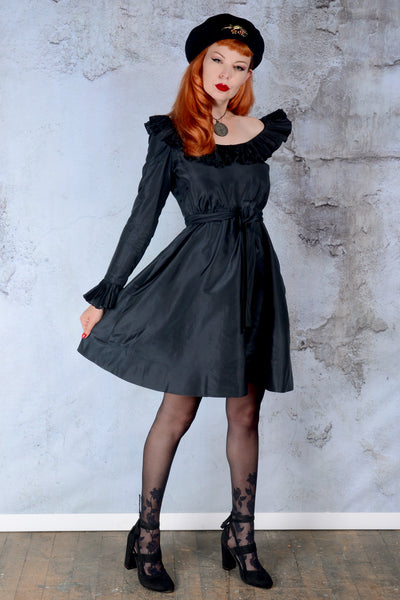 Vintage 1970s Oscar de la Renta Black Ruffle Mini Dress SM