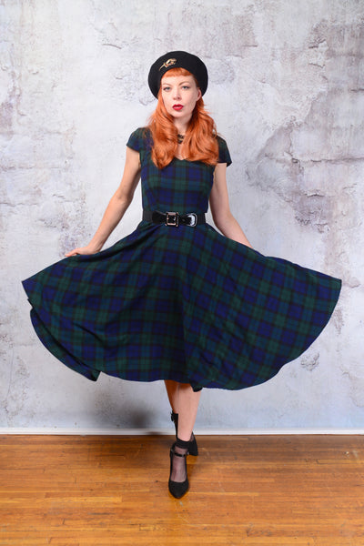 Vintage 1950s Hell Bunny blue and green Tartan plaid fit and flare dress. Small
