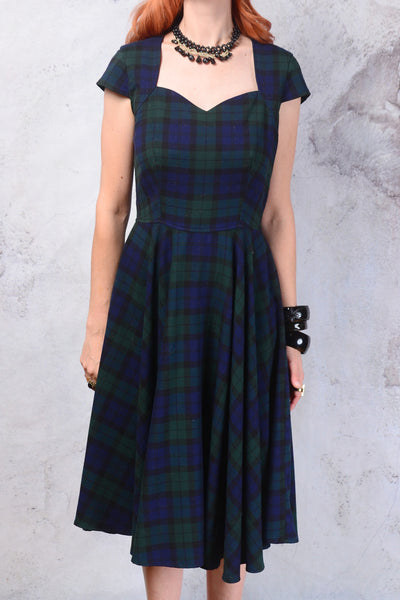 Vintage 1950s Hell Bunny blue and green Tartan plaid fit and flare dress. Small