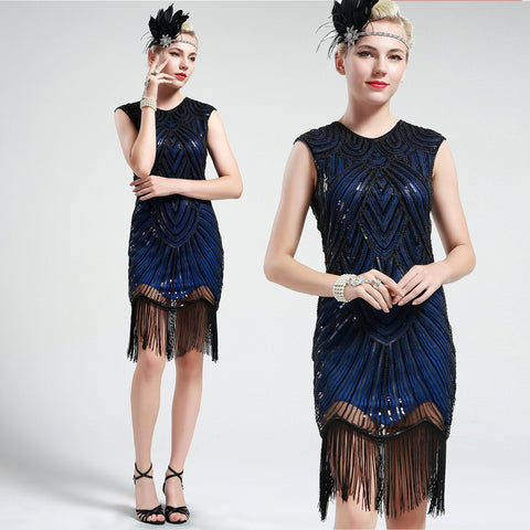 US STOCK Black and Blue Flapper Beaded Fringed Great Gatsby Dress