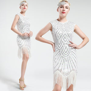 US STOCK White and Silver Flapper Beaded Fringed Great Gatsby Dress