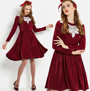 Vintage 1960s wine red lace collar velvet fit and flare unique mod rockabilly 60s 50s dress