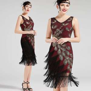US STOCK Vintage 1920s Wine Unique Peacock Sequined Dress Gatsby Fringed Flapper Dress Roaring 20s Party Dress