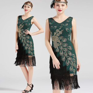 US STOCK Vintage 1920s Vintage Peacock Sequined Dress Gatsby Fringed Flapper Dress Roaring 20s Party Dress