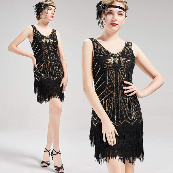 US STOCK Vintage 1920s Unique black and gold Beaded Fringed Great Gatsby 20s Dress