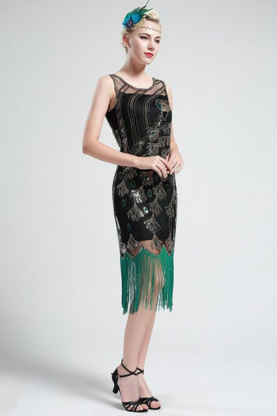 Green and Black Peacock Sequin Fringed Party Flapper Dress