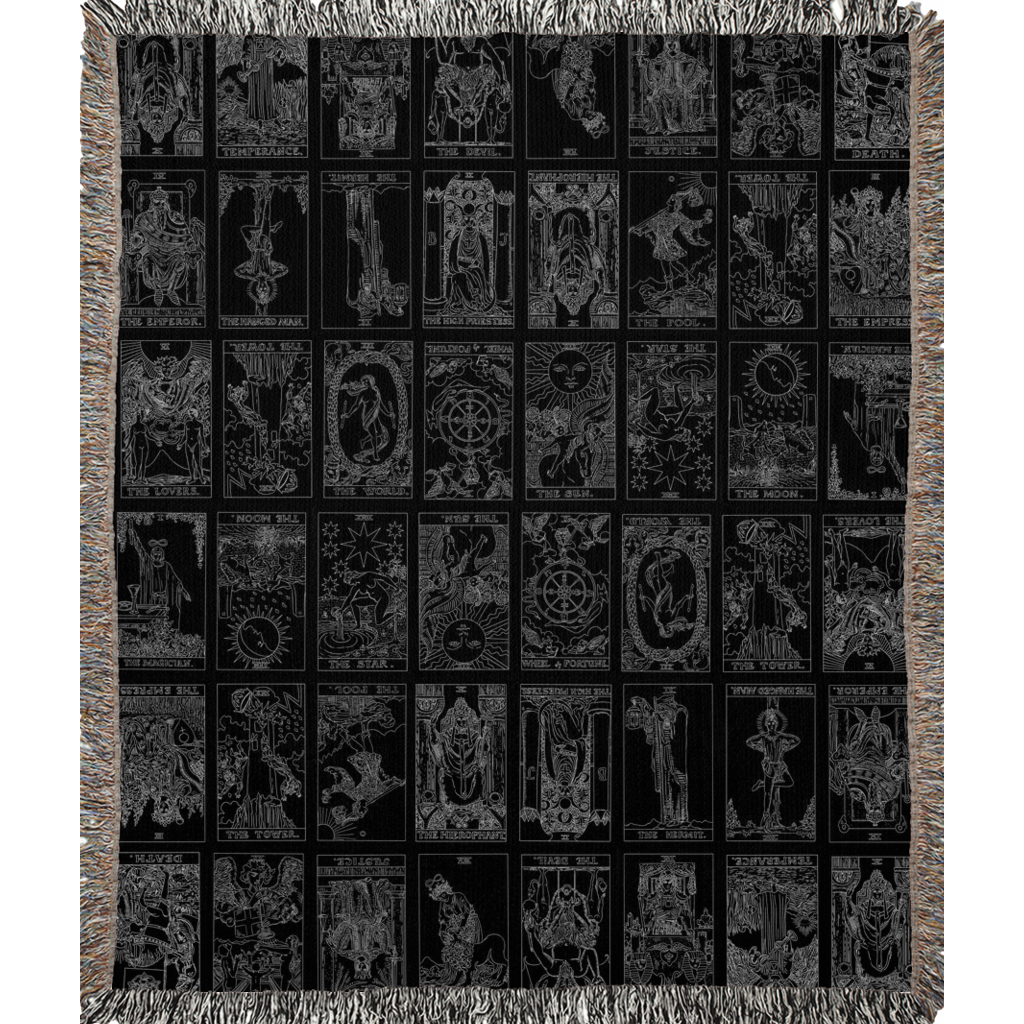 Rider Waite Tarot Deck Woven Blanket - goth cult Wiccan skulls bats