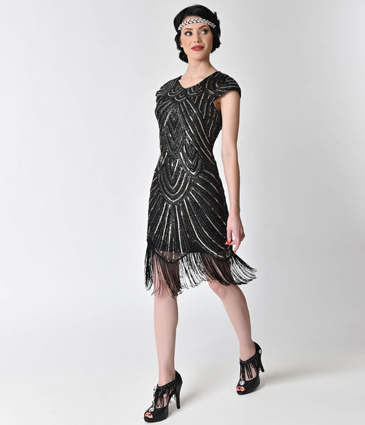 US STOCK Navy Cap Sleeve Beaded Fringe Sequin Deco Flapper Dress