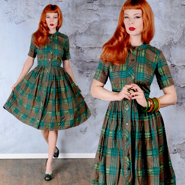Vintage 1950s Green Teal and Brown tartan plaid cotton Day Dress XS to SM