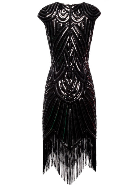 US STOCK Navy Cap Sleeve Beaded Fringe Sequin Deco Flapper Dress