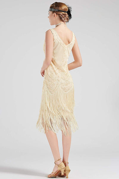 US STOCK Vintage Cream 1920s Unique Flapper Dress Roaring 20s Great Gatsby Fringed  Dress