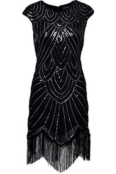 US STOCK Jet Black Flapper Beaded Fringed Great Gatsby Dress