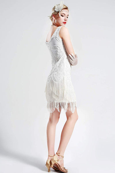 US STOCK Vintage White 1920s Flapper Unique Dress Roaring 20s Great Gatsby Fringed Dress