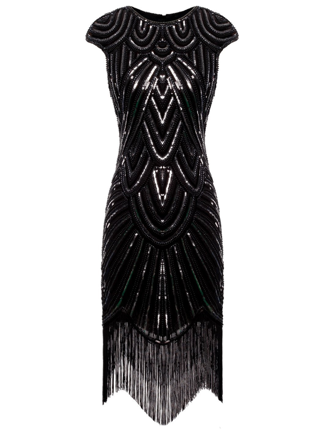 US STOCK Navy Cap Sleeve Beaded Fringe Sequin Deco Flapper Dress