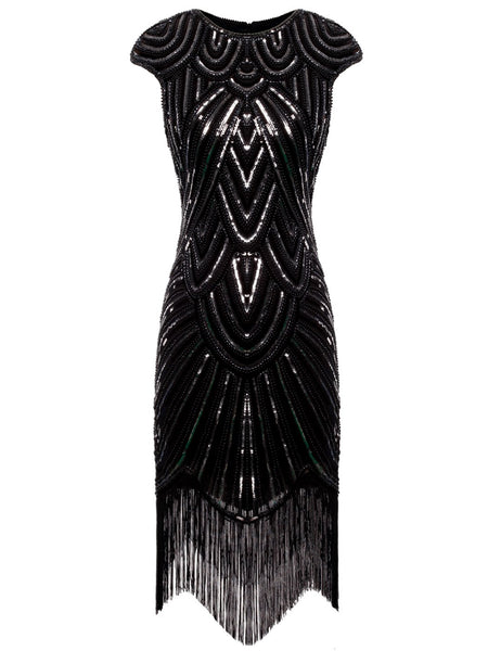US STOCK Navy Cap Sleeve Beaded Fringe Sequin Deco Flapper Dress