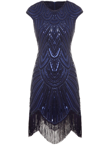 US STOCK Navy Cap Sleeve Beaded Fringe Sequin Deco Flapper Dress