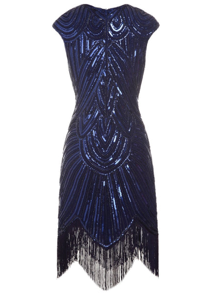 US STOCK Navy Cap Sleeve Beaded Fringe Sequin Deco Flapper Dress