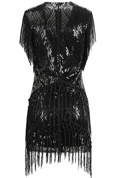 US STOCK Vintage Black 1920s Unique Flapper Dress Long Fringed Gatsby Dress Roaring 20s Sequins Beaded Dress Vintage Art Deco Dress