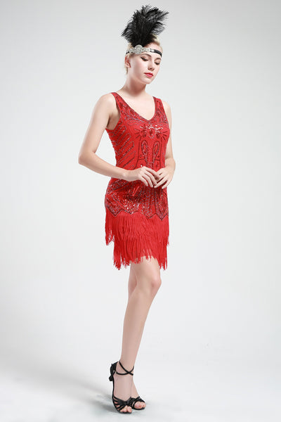 US STOCK Bright Red Sleeveless Flapper Beaded and Sequined Mini Dress