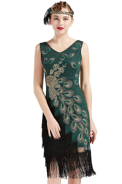 US STOCK Vintage 1920s Vintage Peacock Sequined Dress Gatsby Fringed Flapper Dress Roaring 20s Party Dress