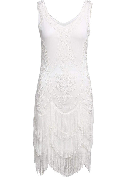 US STOCK Vintage White 1920s Flapper Unique Dress Roaring 20s Great Gatsby Fringed Dress