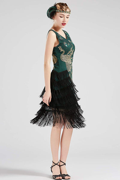 US STOCK Vintage 1920s Vintage Peacock Sequined Dress Gatsby Fringed Flapper Dress Roaring 20s Party Dress