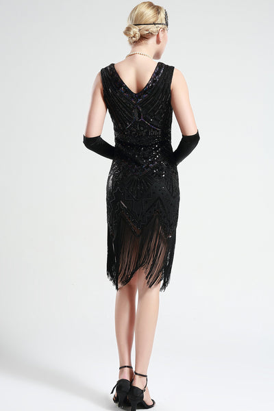 US Stock Jet Black glass beaded Fringe Flapper Dress
