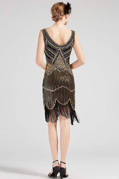 Vintage Black and Gold 1920s Flapper 20s Great Gatsby Dress Fringed Sequin Art Deco
