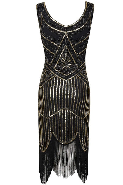 Vintage Black Unique 1920s Flapper Dress Roaring 20s Great Gatsby Dress Fringed Sequin Dress Art Deco