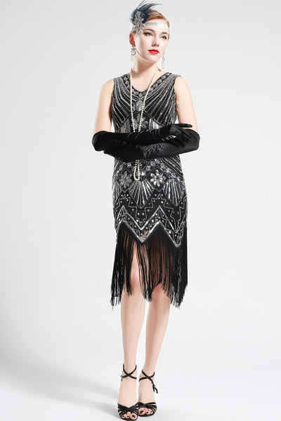 US Stock Black and Green glass beaded Fringe Flapper Dress