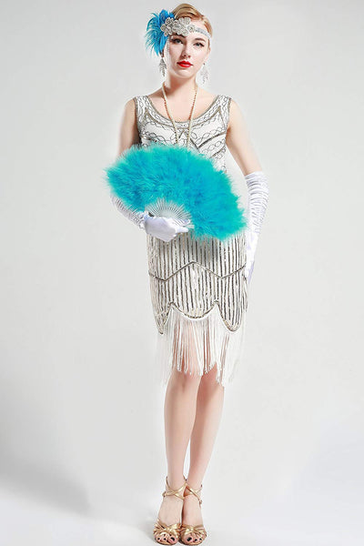 Vintage White Unique 1920s Flapper Dress Roaring 20s Great Gatsby Dress Fringed Sequin Art Deco Dress
