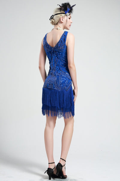 US STOCK Cobalt Blue Sleeveless Flapper Beaded and Sequined Mini Dress