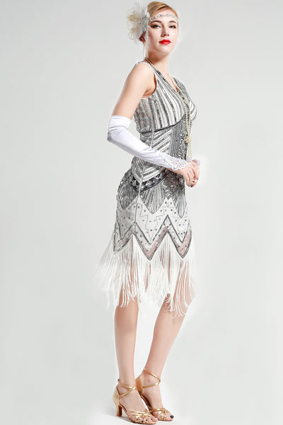 US Stock Jet Black glass beaded Fringe Flapper Dress