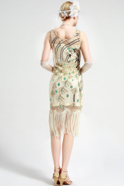 Cream White Peacock Sequin Fringed Party Flapper Dress
