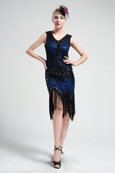 US Stock Black and Green glass beaded Fringe Flapper Dress