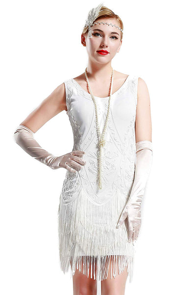 US STOCK Vintage White 1920s Flapper Unique Dress Roaring 20s Great Gatsby Fringed Dress