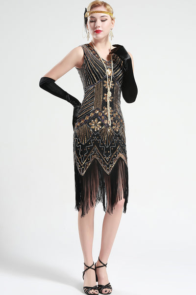 US Stock Black and Green glass beaded Fringe Flapper Dress