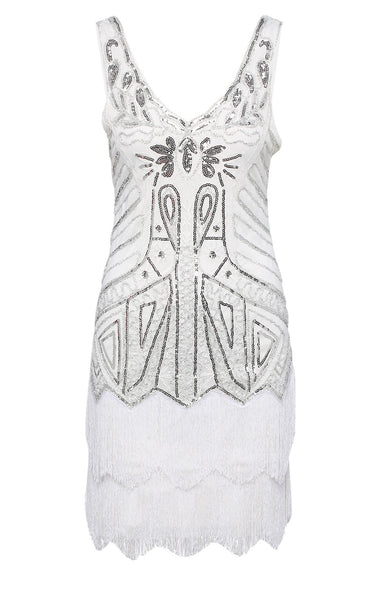 US STOCK White and Silver Sleeveless Flapper Beaded and Sequined Mini Dress
