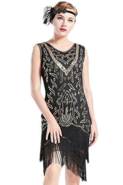 US STOCK Vintage Black and Gold Unique 1920s Flapper Dress Long Fringed Gatsby Dress Sequins Beaded Art Deco