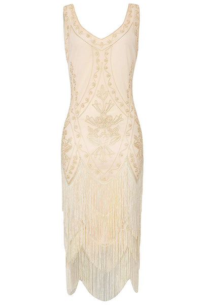 US STOCK Vintage Cream 1920s Unique Flapper Dress Roaring 20s Great Gatsby Fringed  Dress