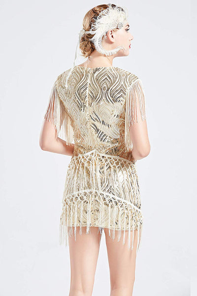 US STOCK Vintage Ivory 1920s Unique Flapper Dress Long Fringed Gatsby Dress Roaring 20s Sequins Beaded Dress Vintage Art Deco Dress