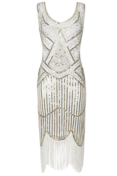 Vintage White Unique 1920s Flapper Dress Roaring 20s Great Gatsby Dress Fringed Sequin Art Deco Dress