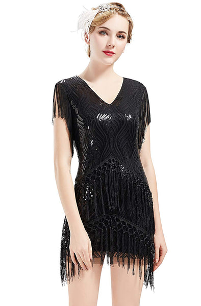 US STOCK Vintage Black 1920s Unique Flapper Dress Long Fringed Gatsby Dress Roaring 20s Sequins Beaded Dress Vintage Art Deco Dress