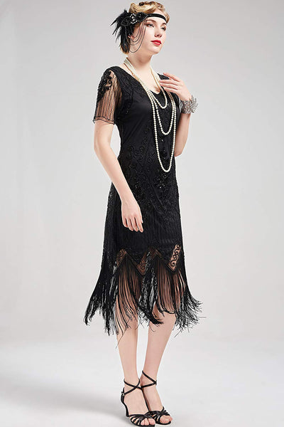 US STOCK Vintage Black 1920s Art Deco Unique Fringed Sequin Dress 20s Flapper Gatsby